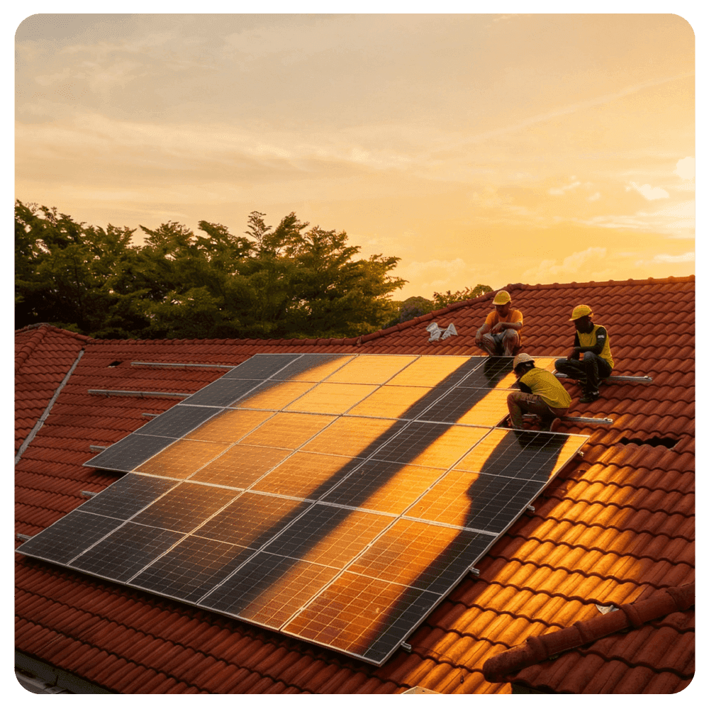 Technicians installing solar panels on rooftop during sunset