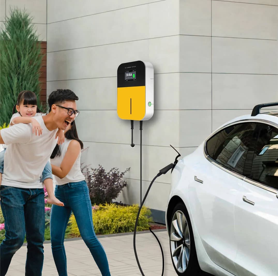 Happy family with EV chargers at home