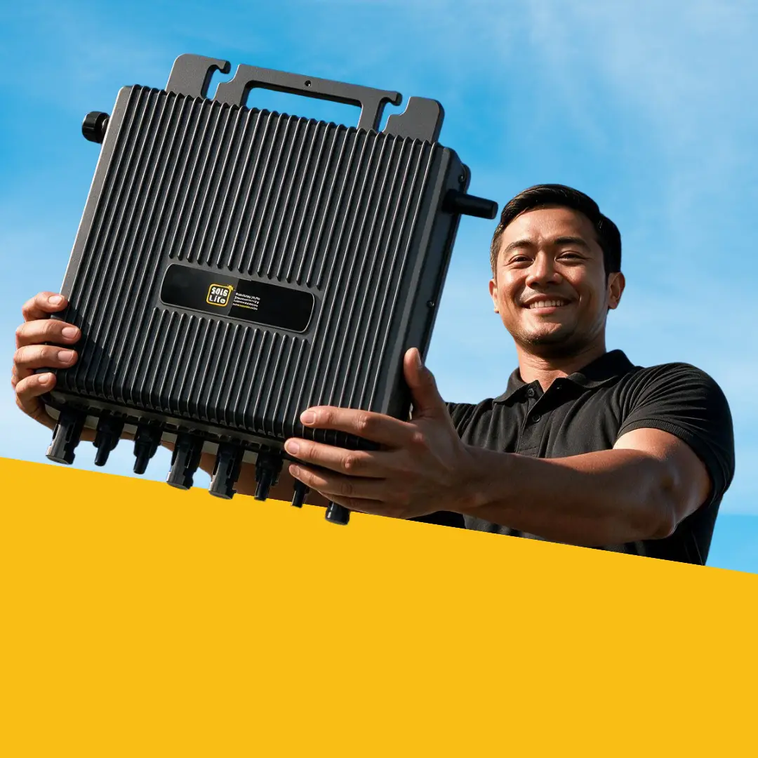 A SOLS Energy installer holding a Solar Mas microinverter unit